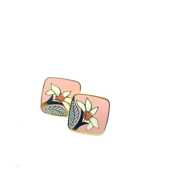 Laurel‎ Burch WILD LILY Pink Square Earrings Cloisonne Post Stud Vintage 80s - Picture 4 of 4